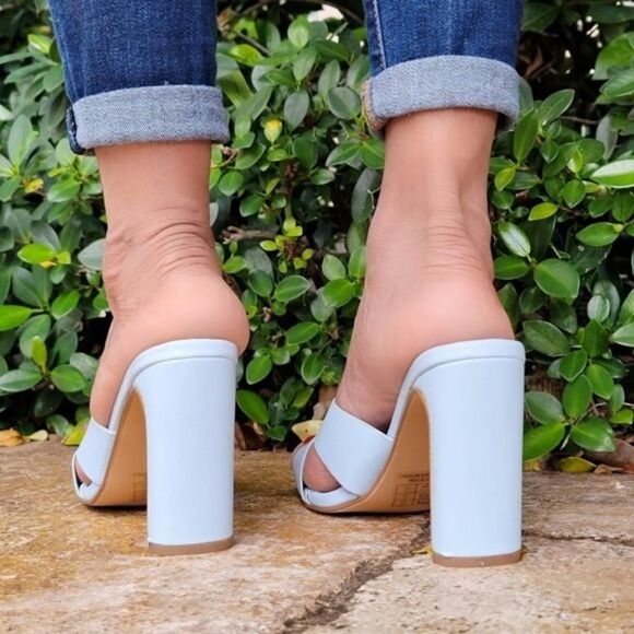 Women's Blue Bandage Square Toe Sandals Chunky Heels - Picture 4 of 5